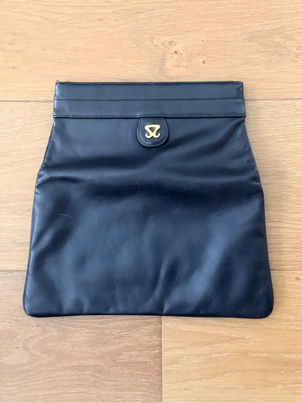 VTG Lewis Leather Foldover Pop Up Clutch Bag 60s 70s Squeeze Frame Black MCM